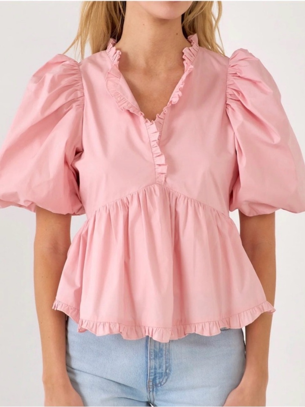 Endless Rose Pink Ruffled Puff Sleeve Peplum Blouse